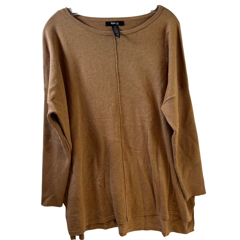 Style & Co Petite PXL Brown Ribbed Sleeve Tunic Sweater Center Seam Relaxed Fit